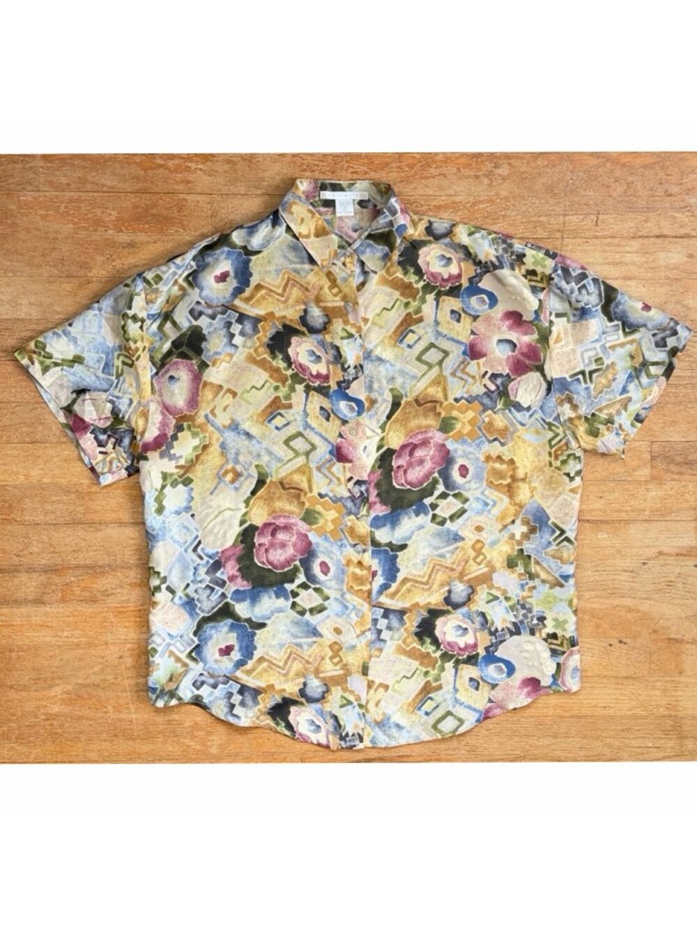 Vintage Geometric Floral Oversize Silk Shirt Size Medium/Large/XL Southwest Top